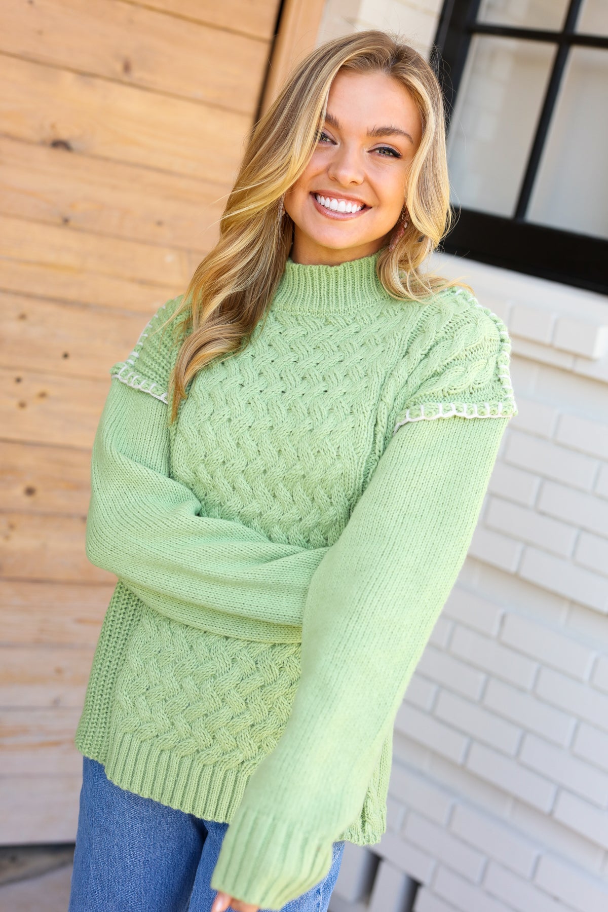 Making Moves Lime Chunky Knit Outseam Mock Neck Sweater