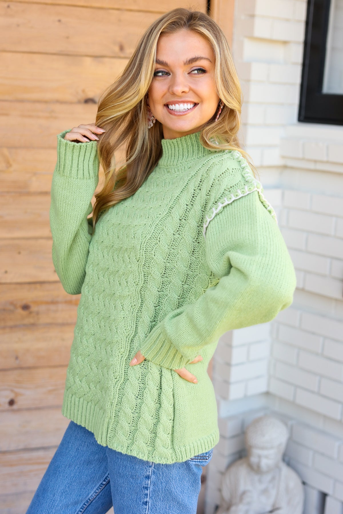 Making Moves Lime Chunky Knit Outseam Mock Neck Sweater