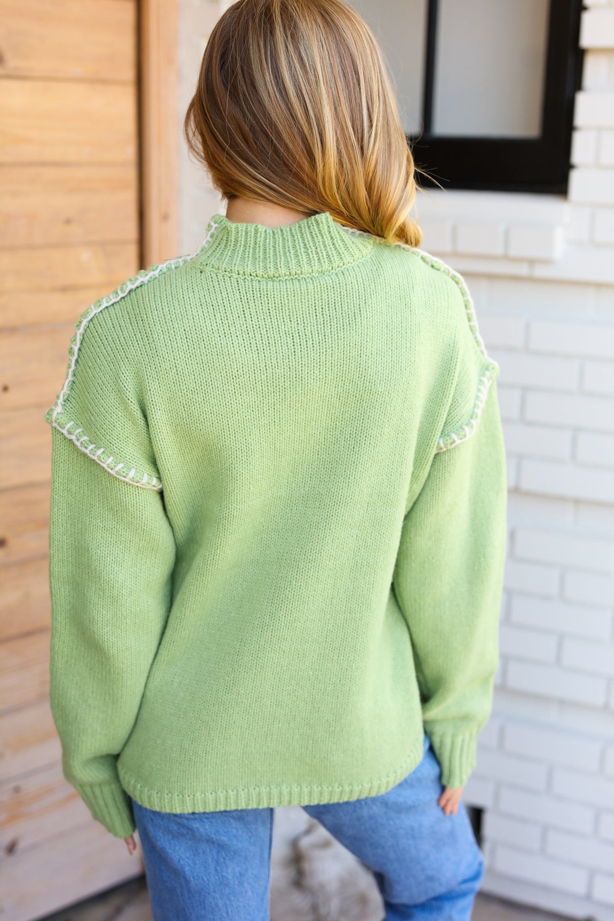 Making Moves Lime Chunky Knit Outseam Mock Neck Sweater