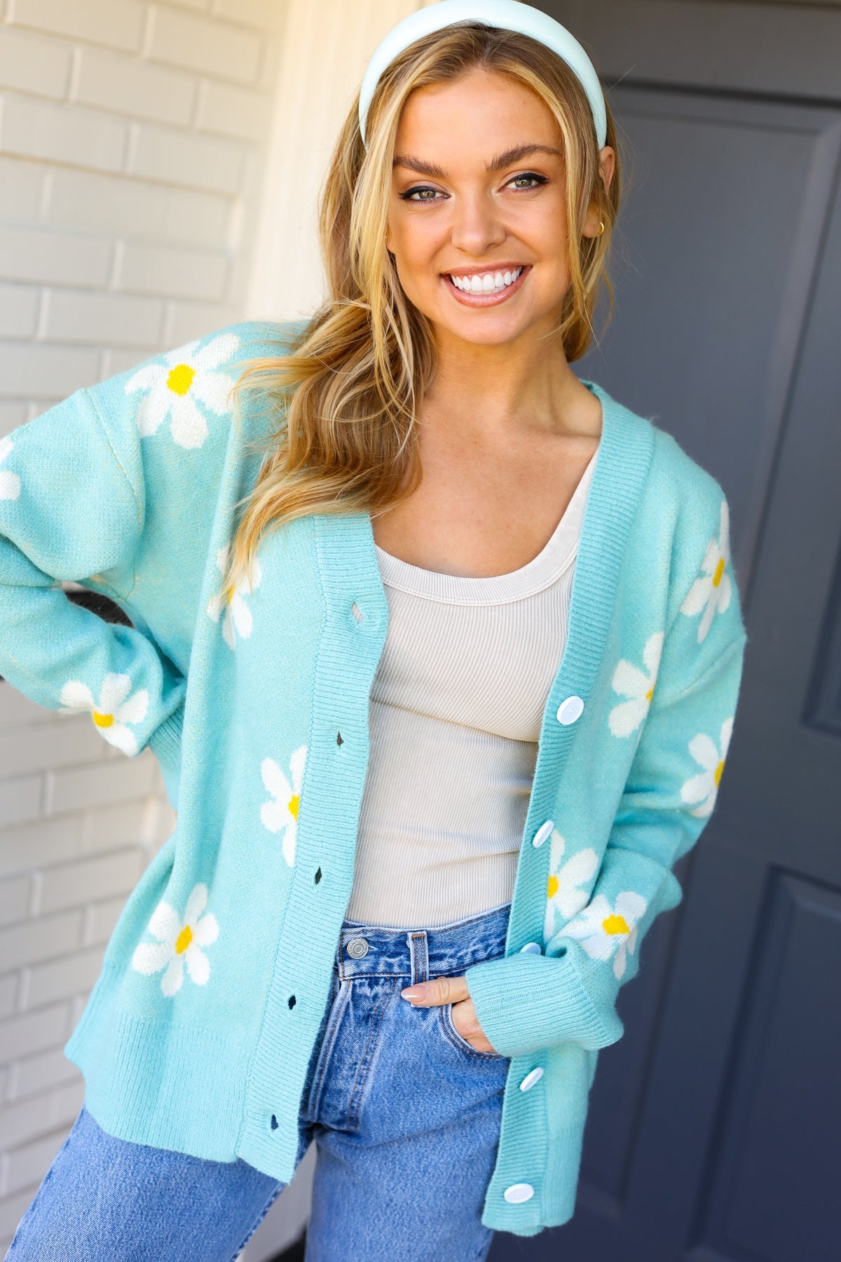 All For Love Mint Daisy Print Button Down Knit Cardigan