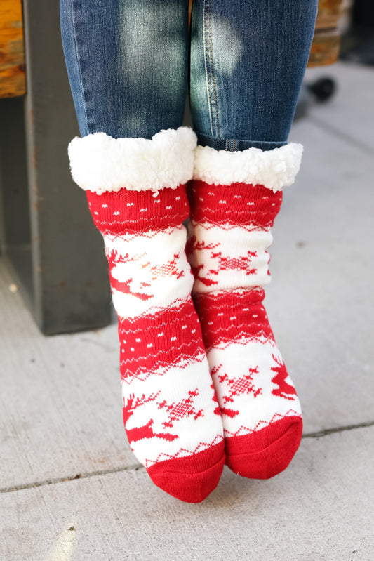 Red Holiday Reindeer Sherpa Traction Bottom Slipper Socks