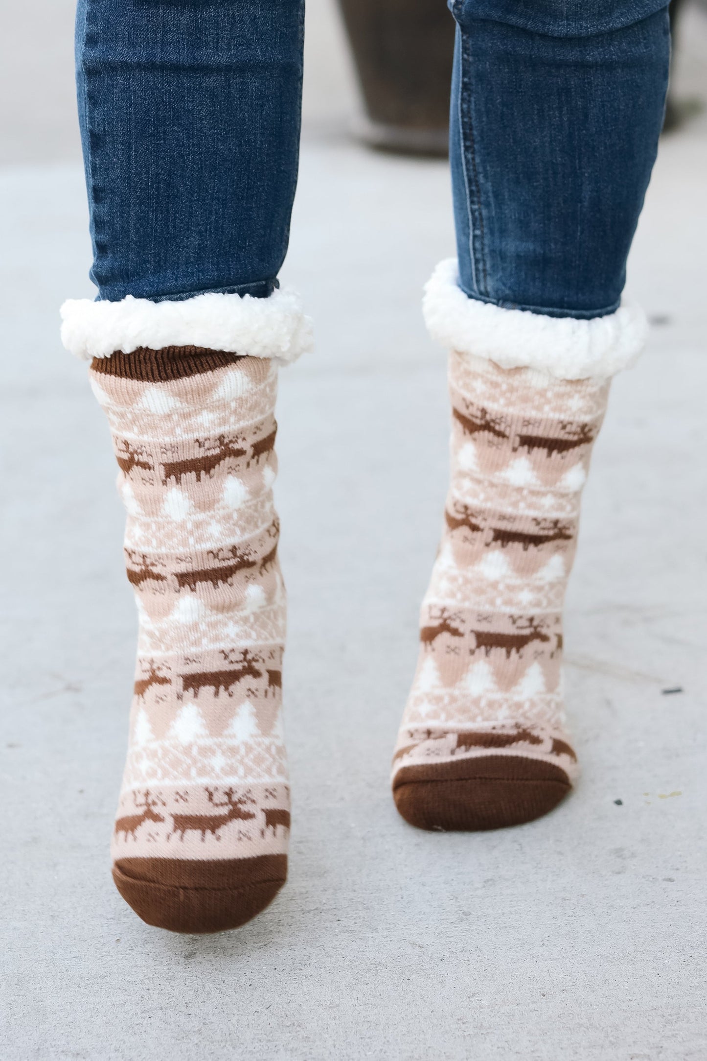 Brown Reindeer Sherpa Traction Bottom Slipper Socks