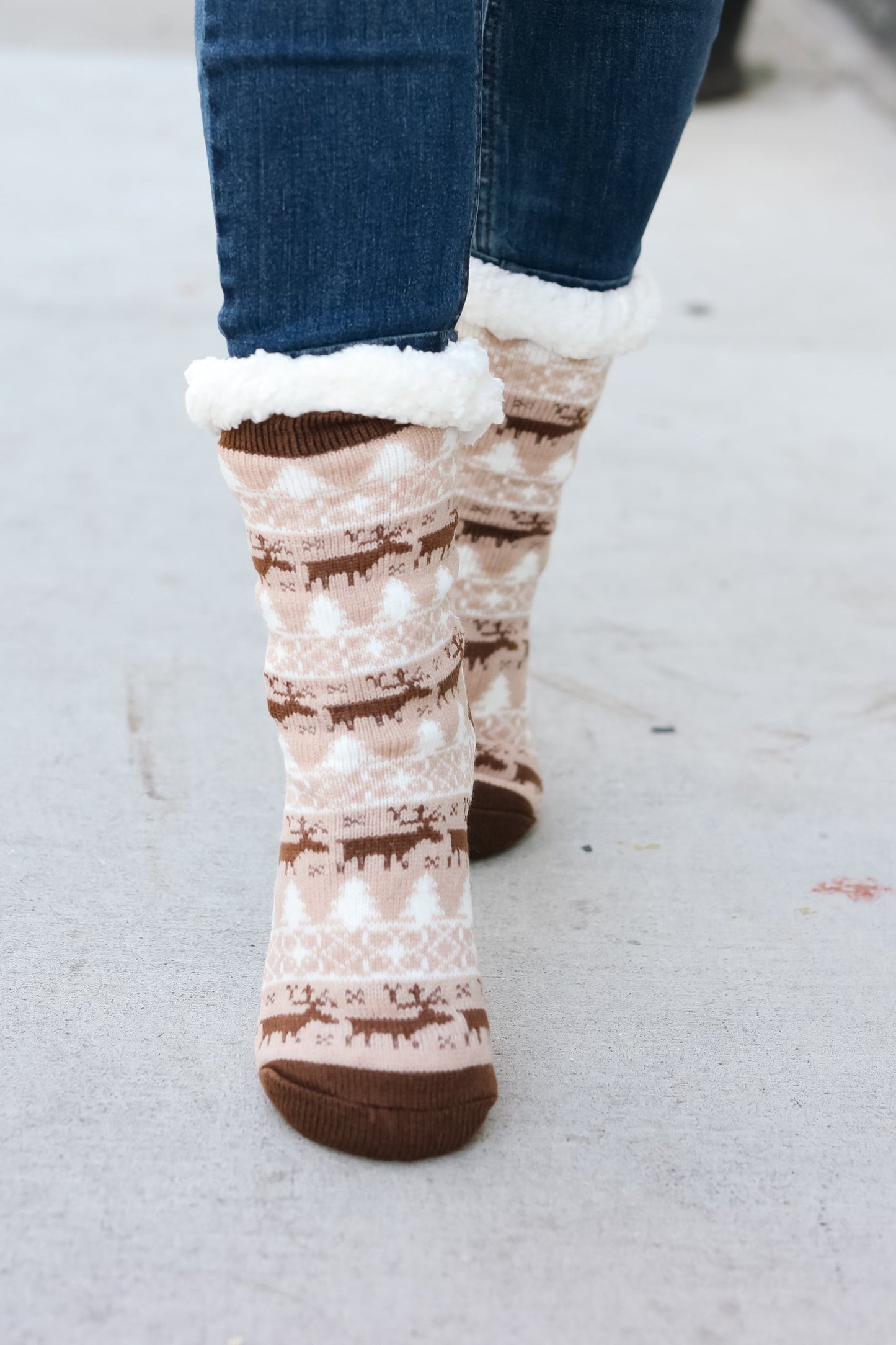 Brown Reindeer Sherpa Traction Bottom Slipper Socks