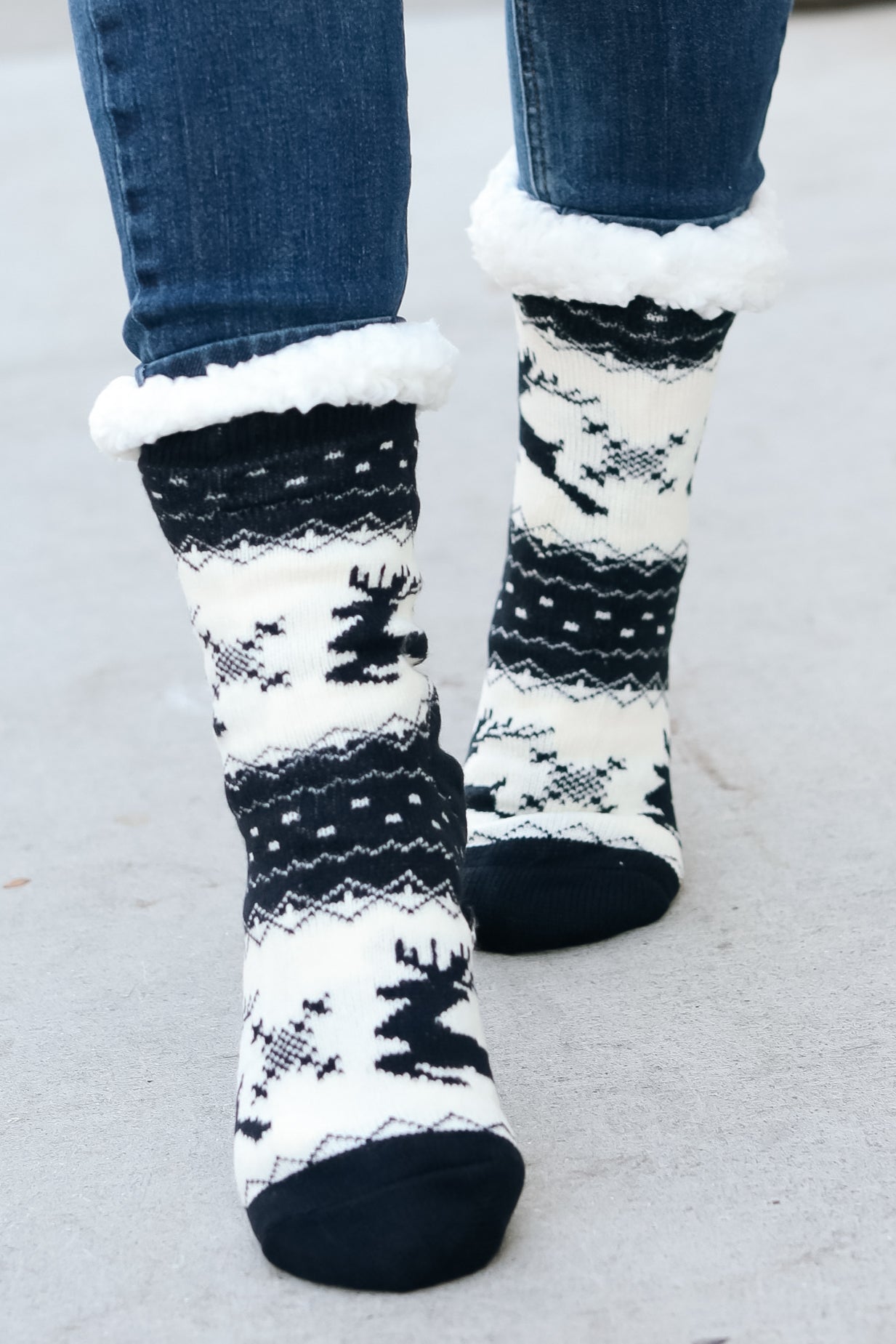 Black Reindeer Sherpa Traction Bottom Slipper Socks