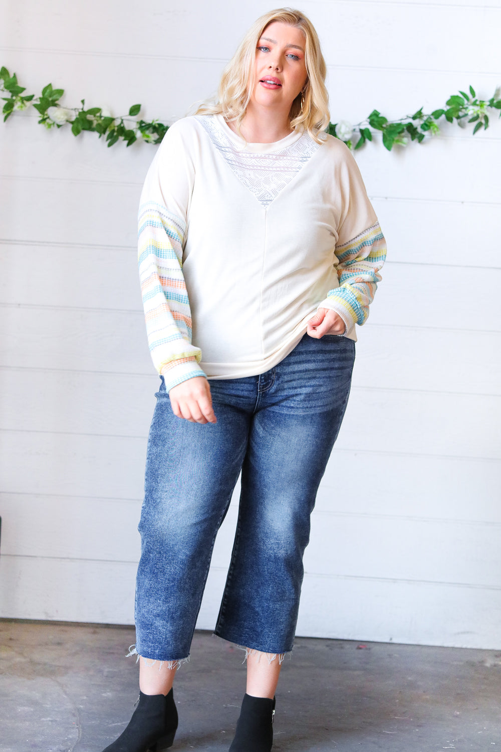 Oatmeal Lace V Neck Vintage Stripe Pullover