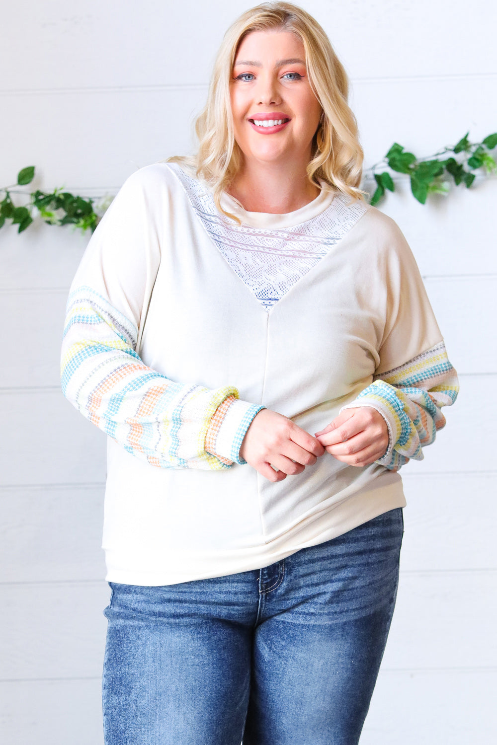 Oatmeal Lace V Neck Vintage Stripe Pullover