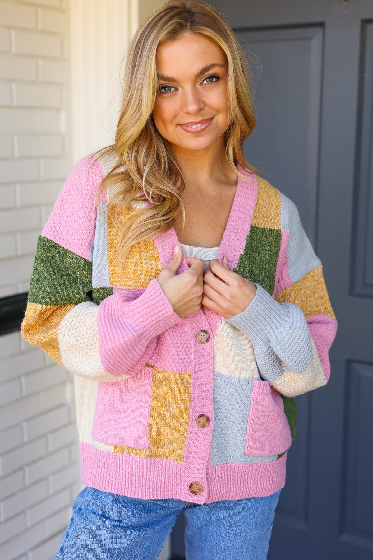 Very Connected Dusty Pink Patchwork Color Block Cardigan