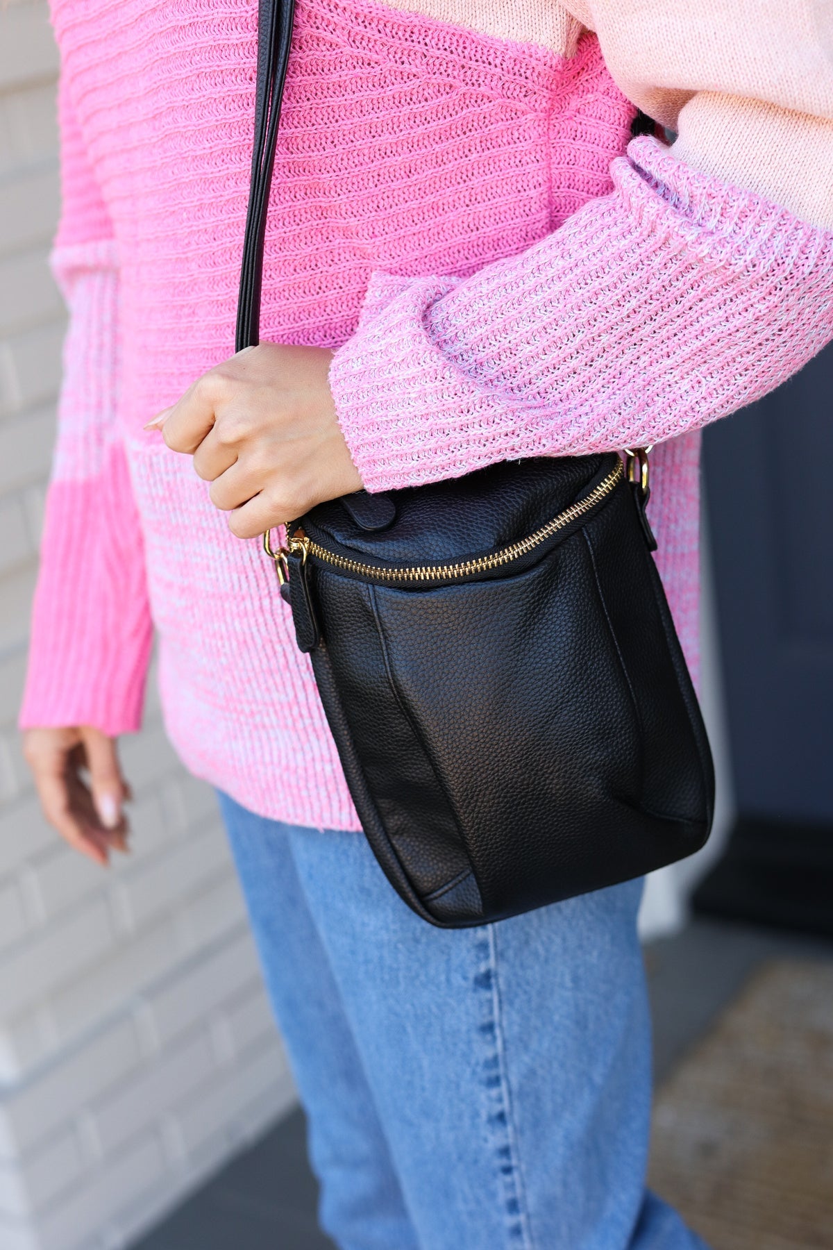 Black Vegan Leather Two Pocket Mini Cross Body