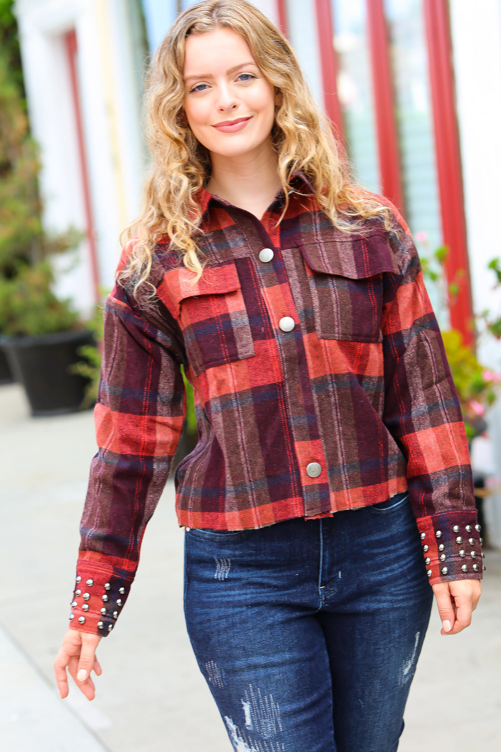 City Streets Burgundy & Rust Plaid Studded Cropped Jacket