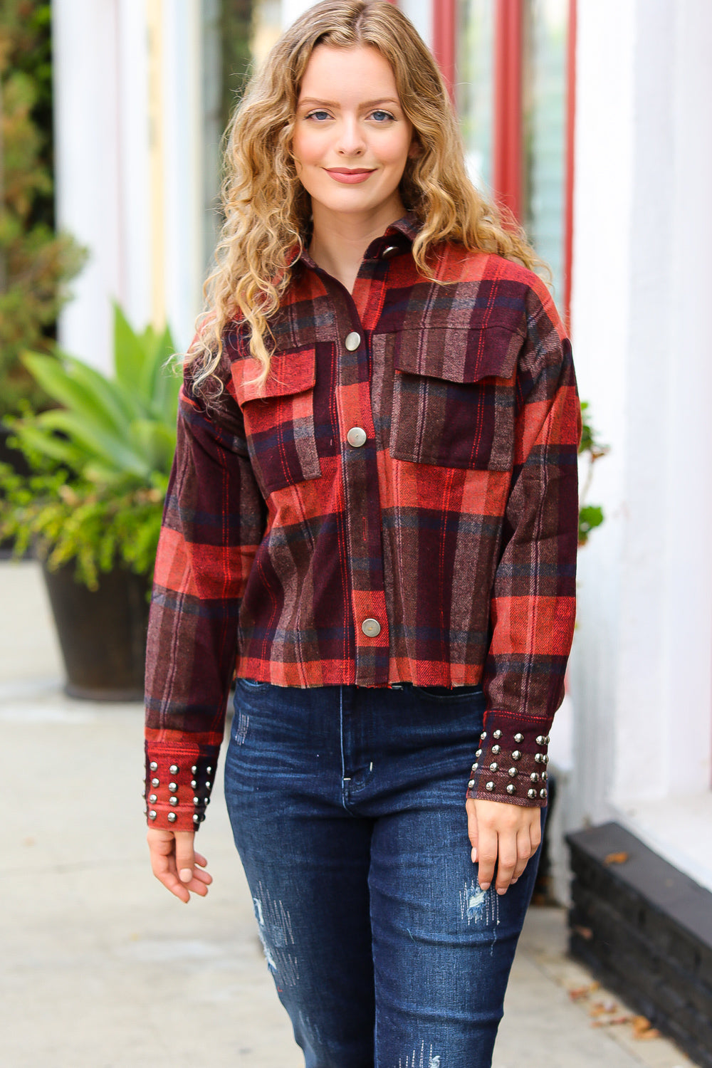 City Streets Burgundy & Rust Plaid Studded Cropped Jacket