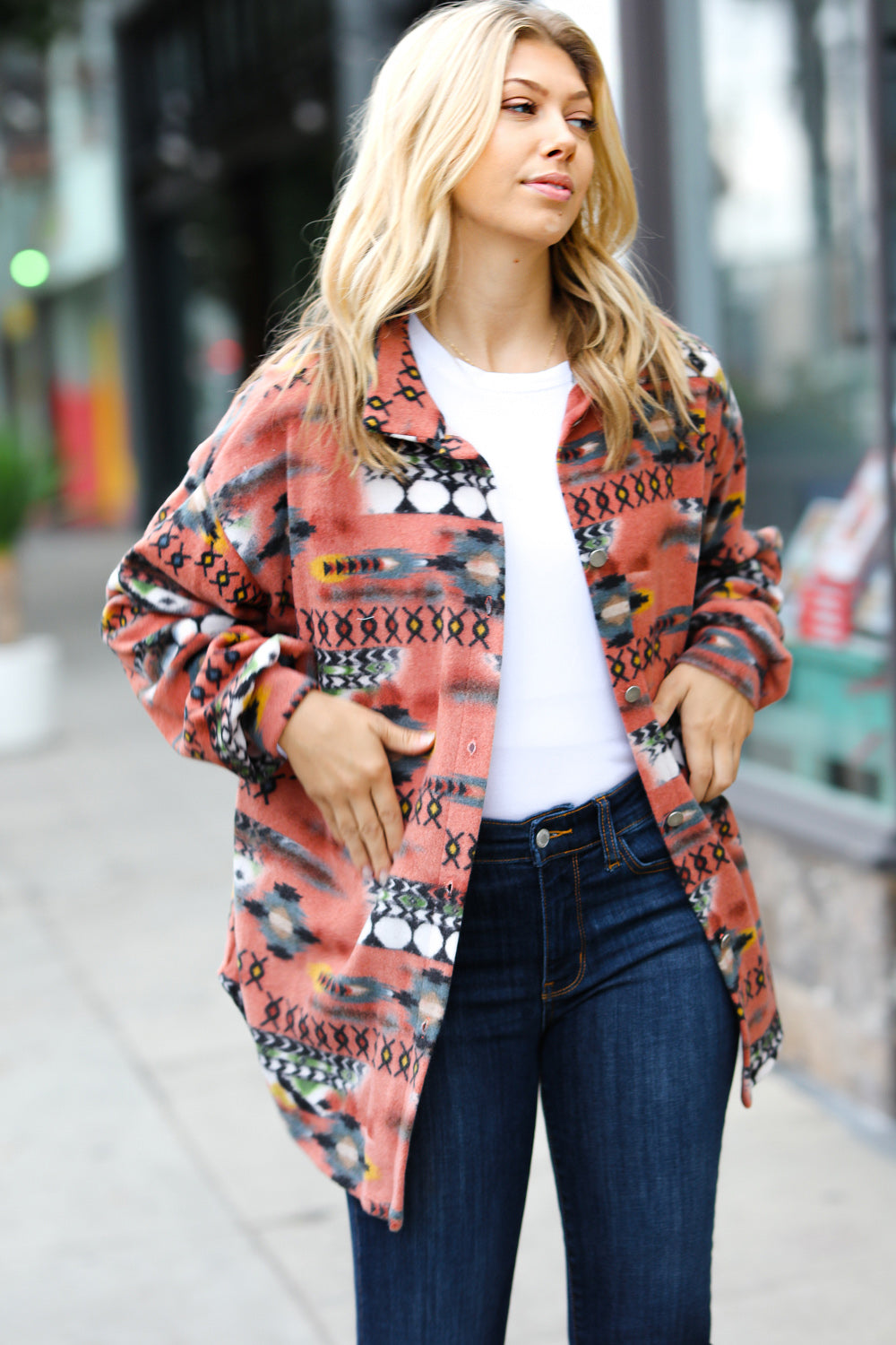 Trendy Rust Aztec Print Button Down Brushed Shacket