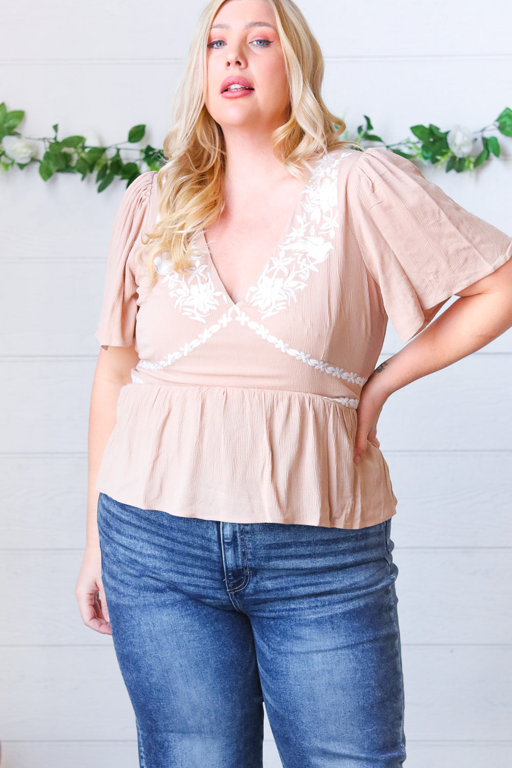 Taupe Crinkle Embroidered Smocked Babydoll Top