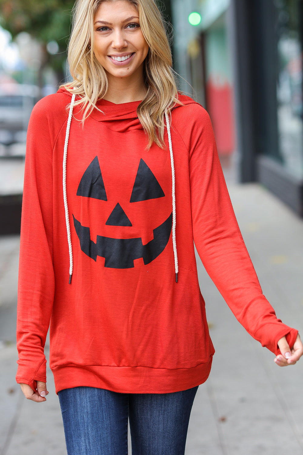 Orange Jack-O-Lantern French Terry Thumb Hole Double Hoodie