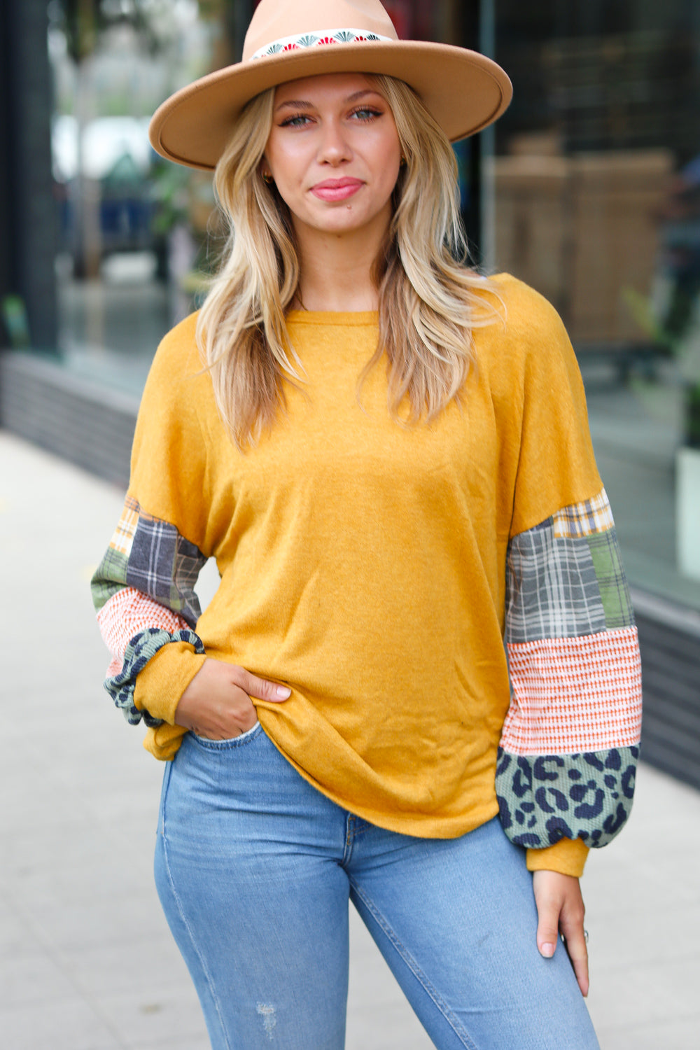 Mustard Hacci Plaid Two Tone Animal Print Top