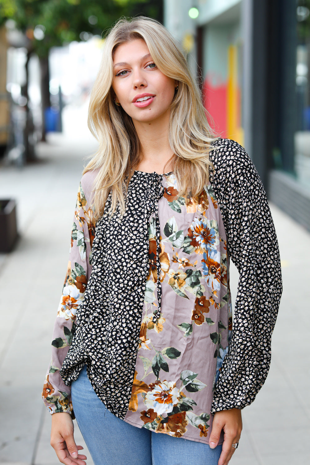 Black & Mocha Floral Color Block Key Hole Top