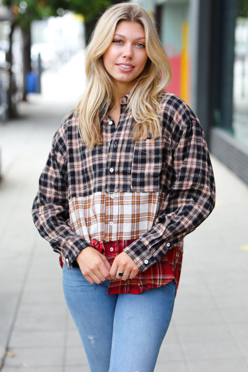 Taupe & Red Plaid Color Block Shacket