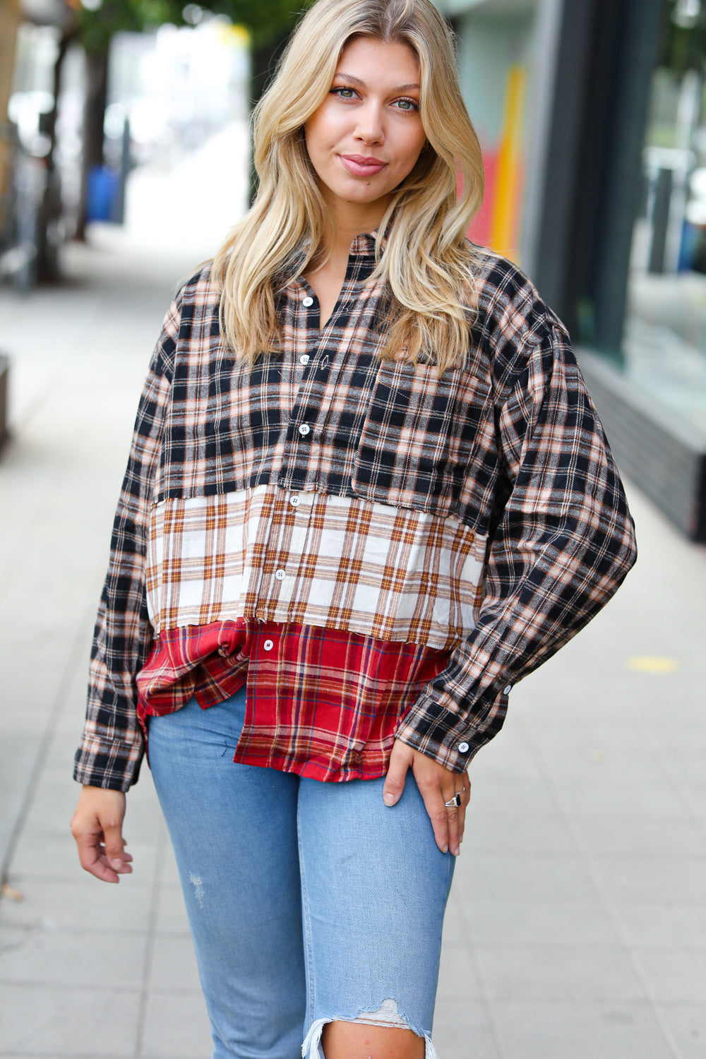 Taupe & Red Plaid Color Block Shacket