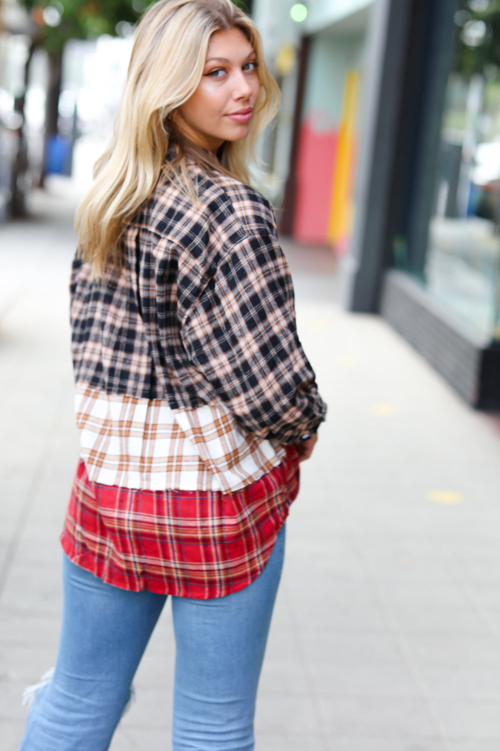 Taupe & Red Plaid Color Block Shacket