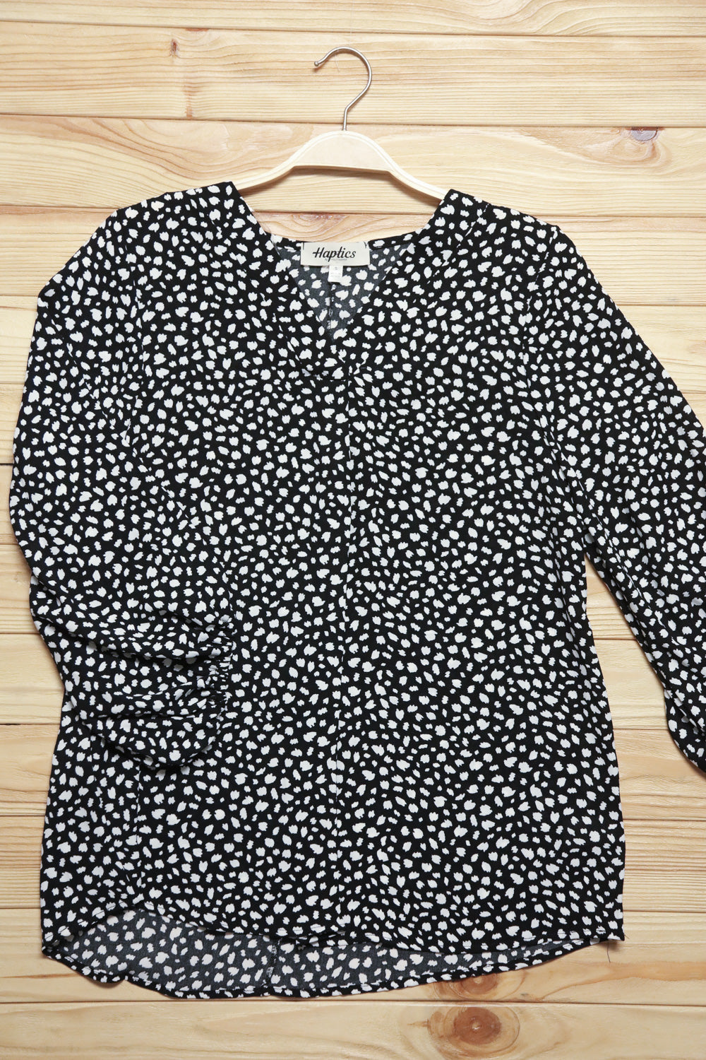 Black Abstract Dot V Neck Woven Top