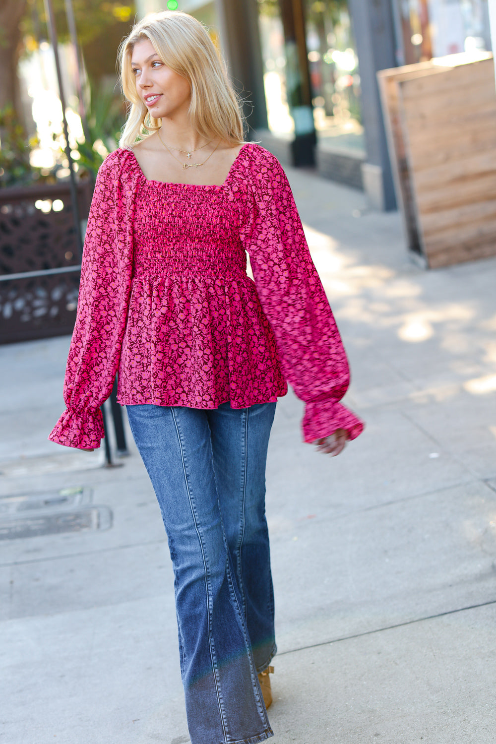 Always With You Fuchsia Smocked Ditzy Floral Ruffle Top