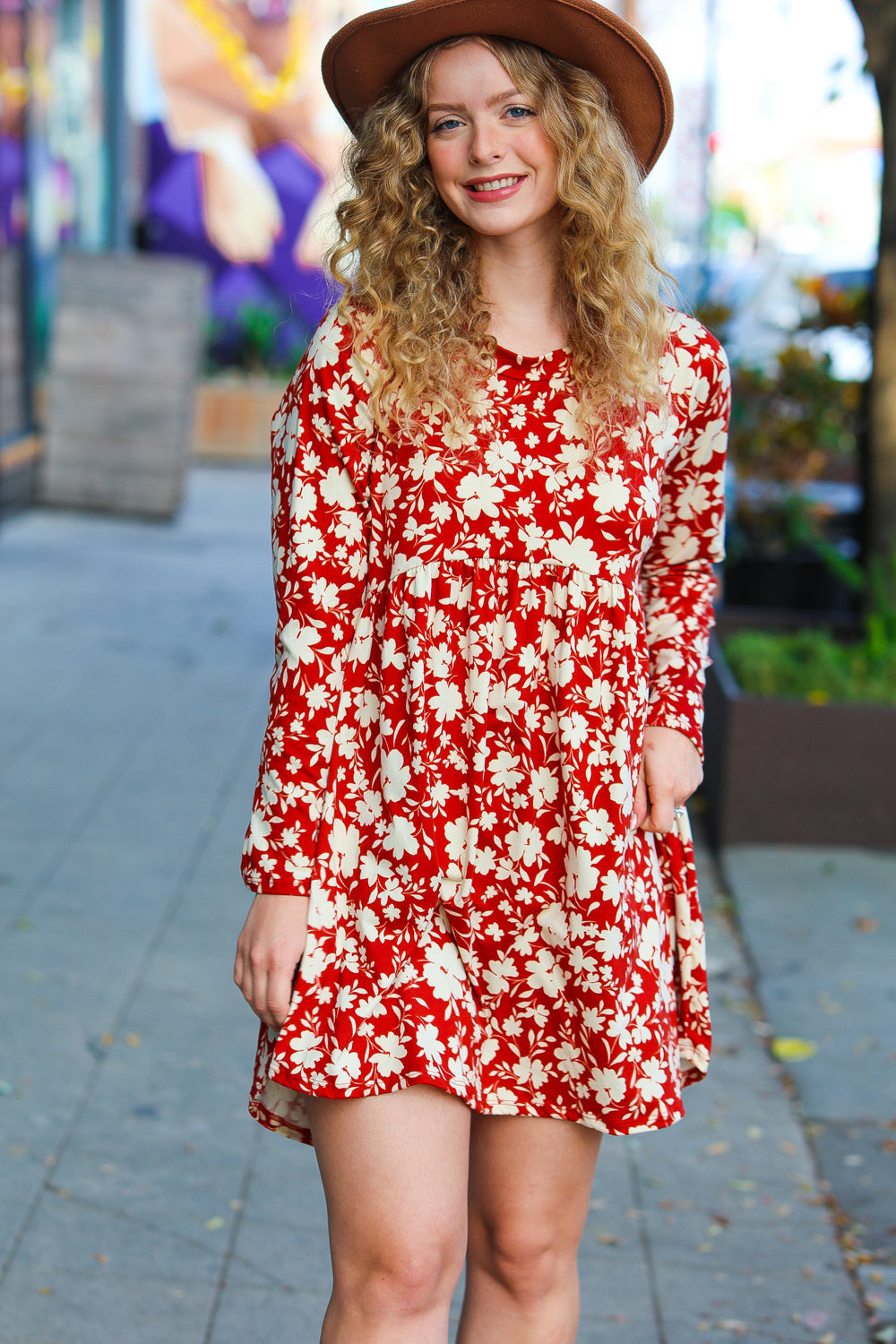 Just Be You Rust Floral Long Sleeve Babydoll Dress