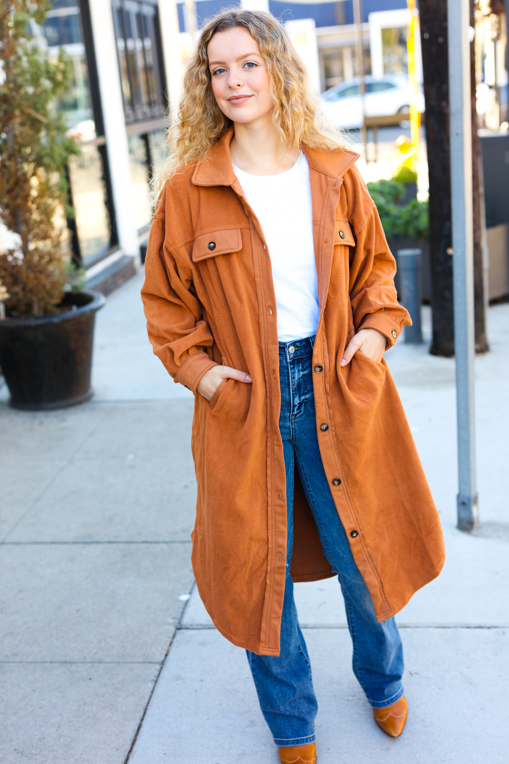 On Your Terms Camel Fleece Button Down Duster Jacket