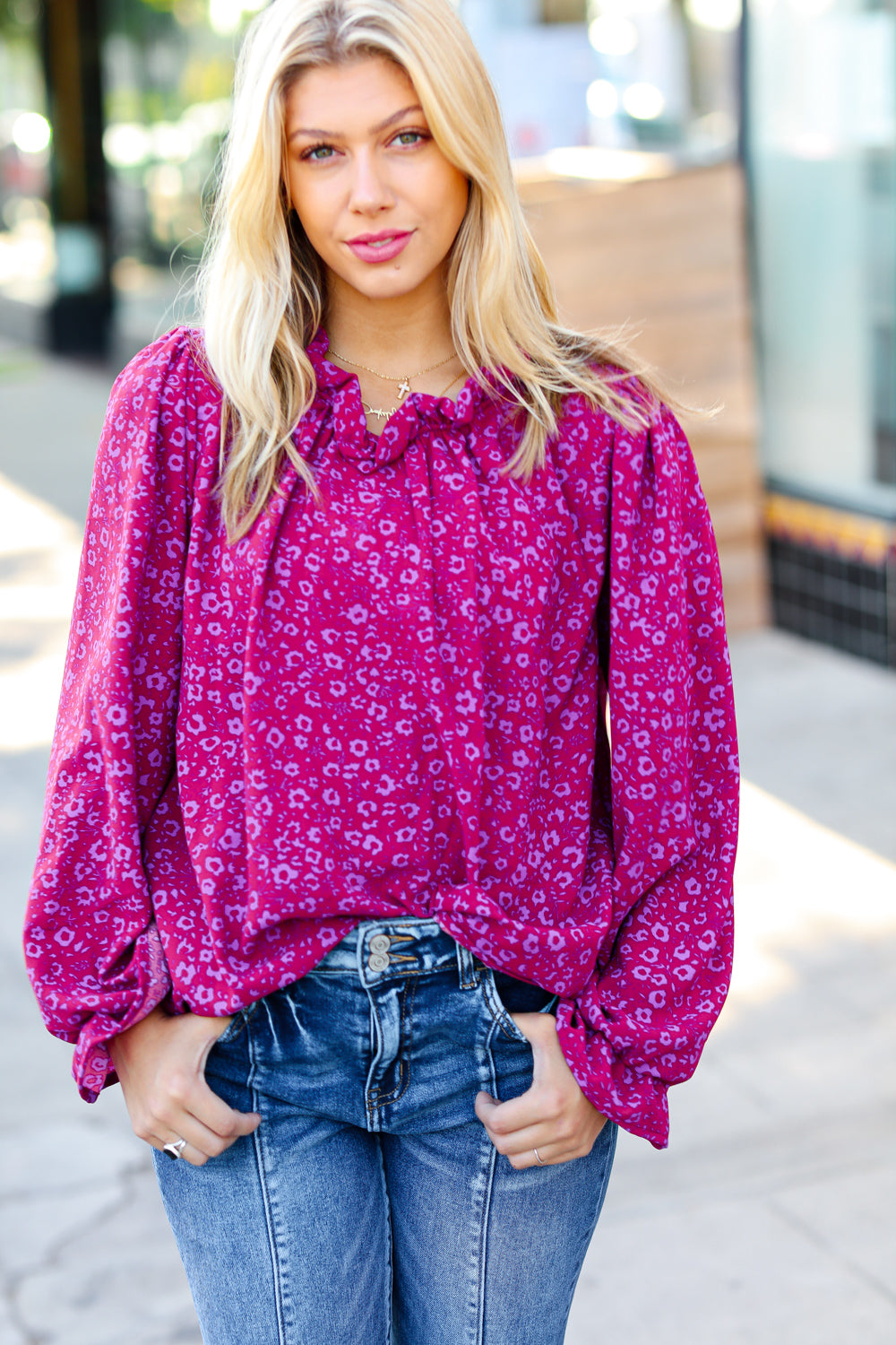 Magenta In Your Dreams Ditzy Floral Frill Neck Top