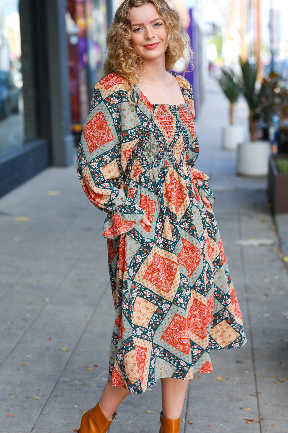 Join Me Later Rust/Teal Boho Smocked Woven Midi Dress