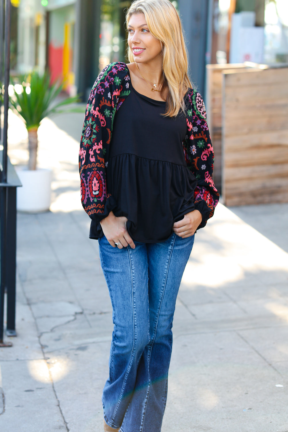 Black Square Neck Dueling Dreams Border Print Blouse