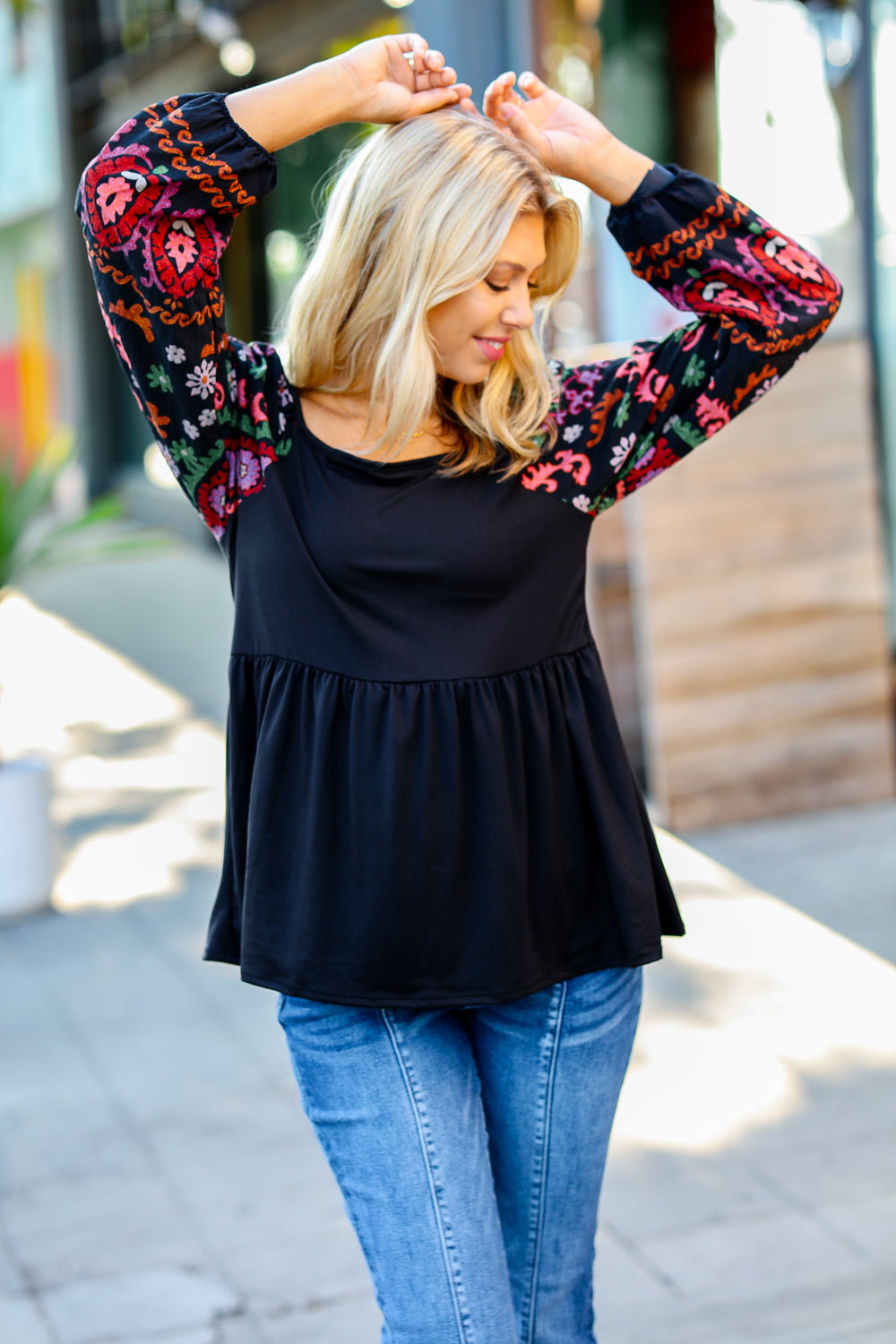 Black Square Neck Dueling Dreams Border Print Blouse