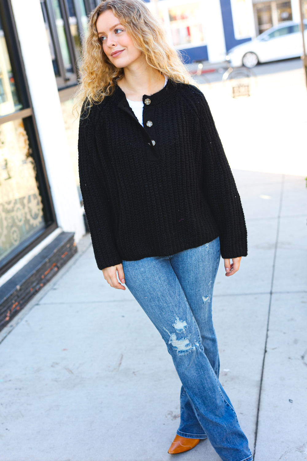 Better Than Ever Black Loose Knit Henley Button Sweater