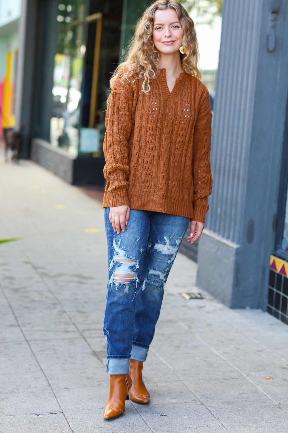 Can't Resist Rust Cable Knit Notched Neck Pullover Sweater