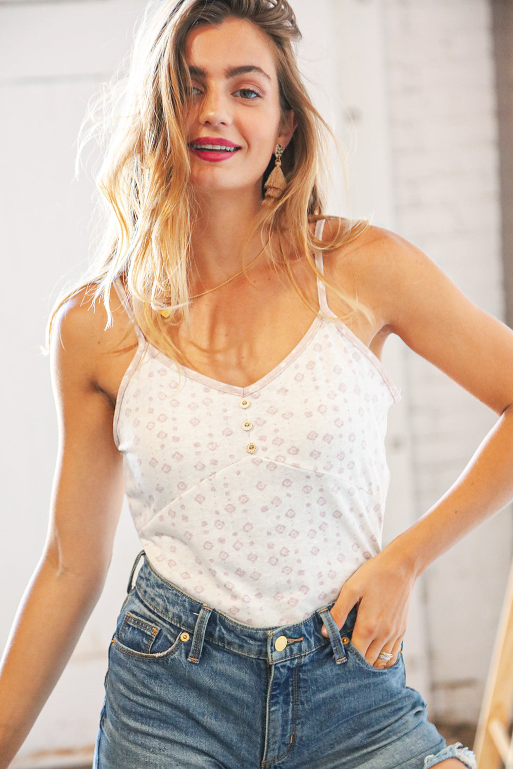 Oatmeal Cotton Blend Boho V Neck Button Tank