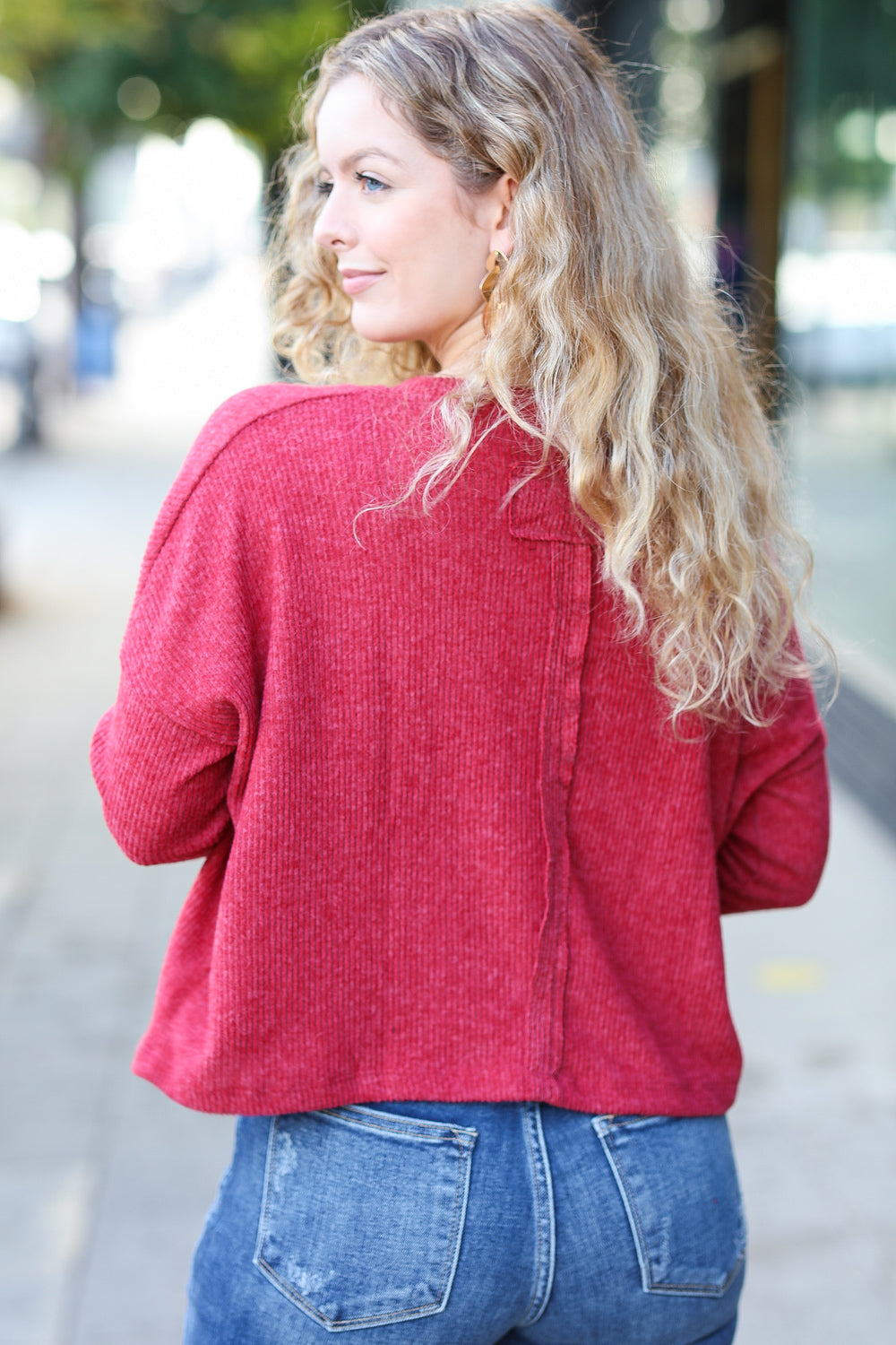 Stay Awhile Red Ribbed Dolman Cropped Sweater