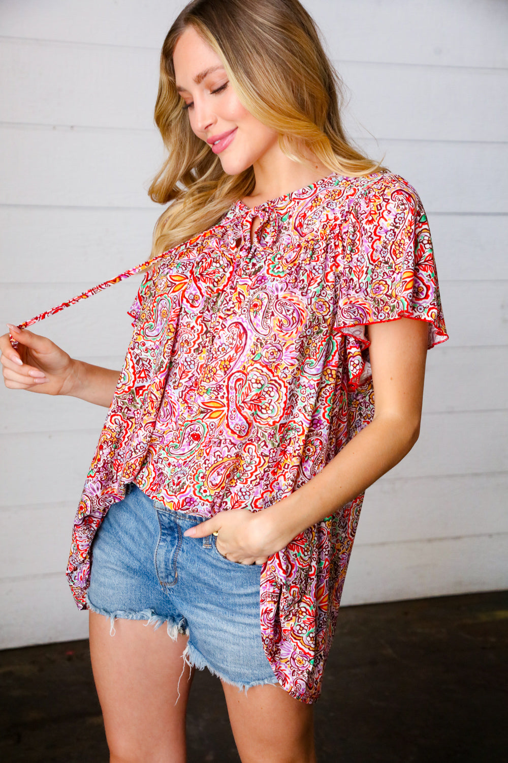 Multicolor Boho Paisley Print Tie Neck Dolman Top