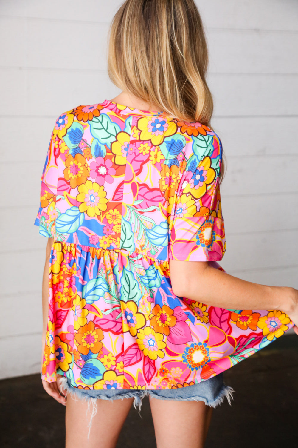 Vibrant Multicolor Drop Shoulder Floral Babydoll Top