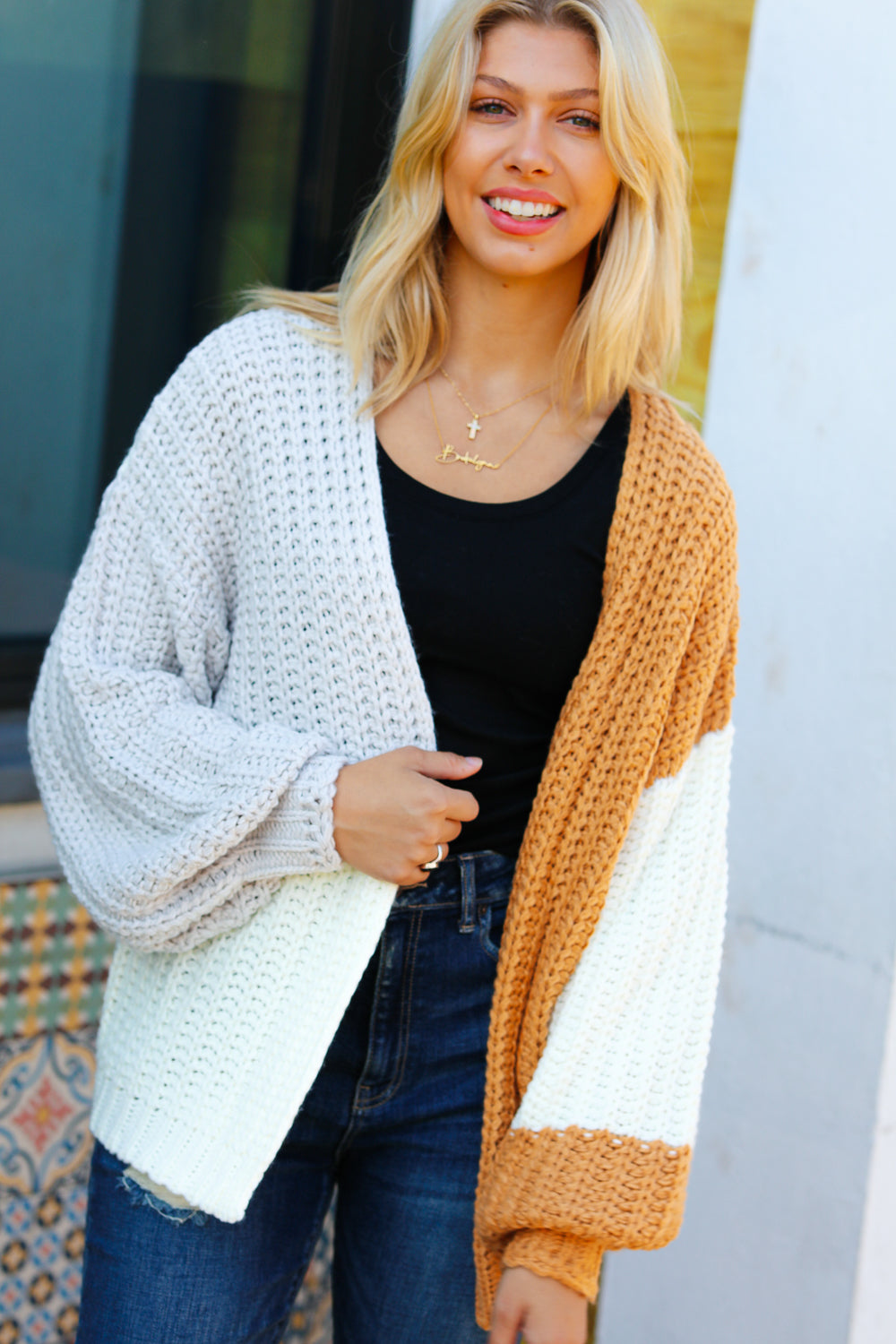 Face The Day Camel Color Block Chunky Knit Cardigan