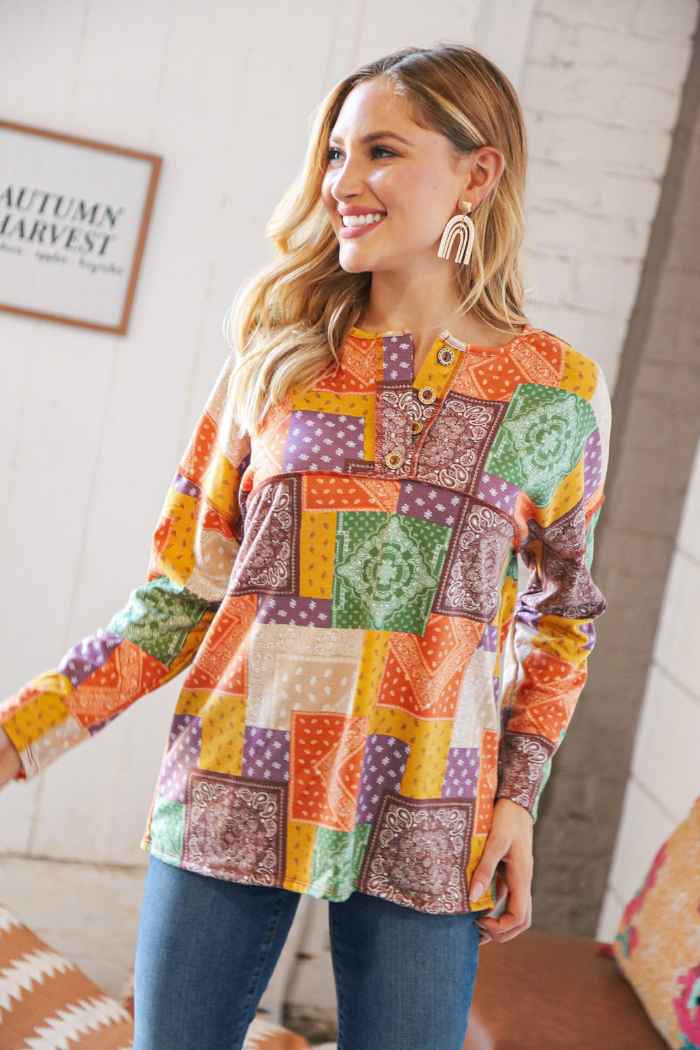 Multicolor Patchwork Button Down Terry Outseam Top