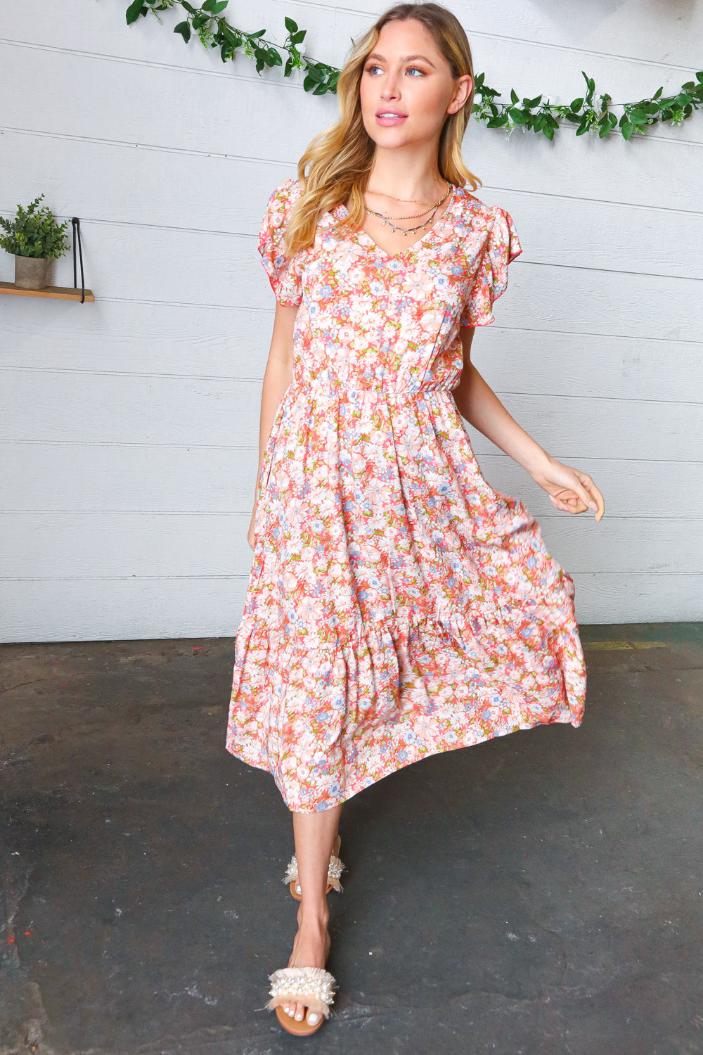 Coral Floral Boho Elastic Waist Ruffle Midi Dress