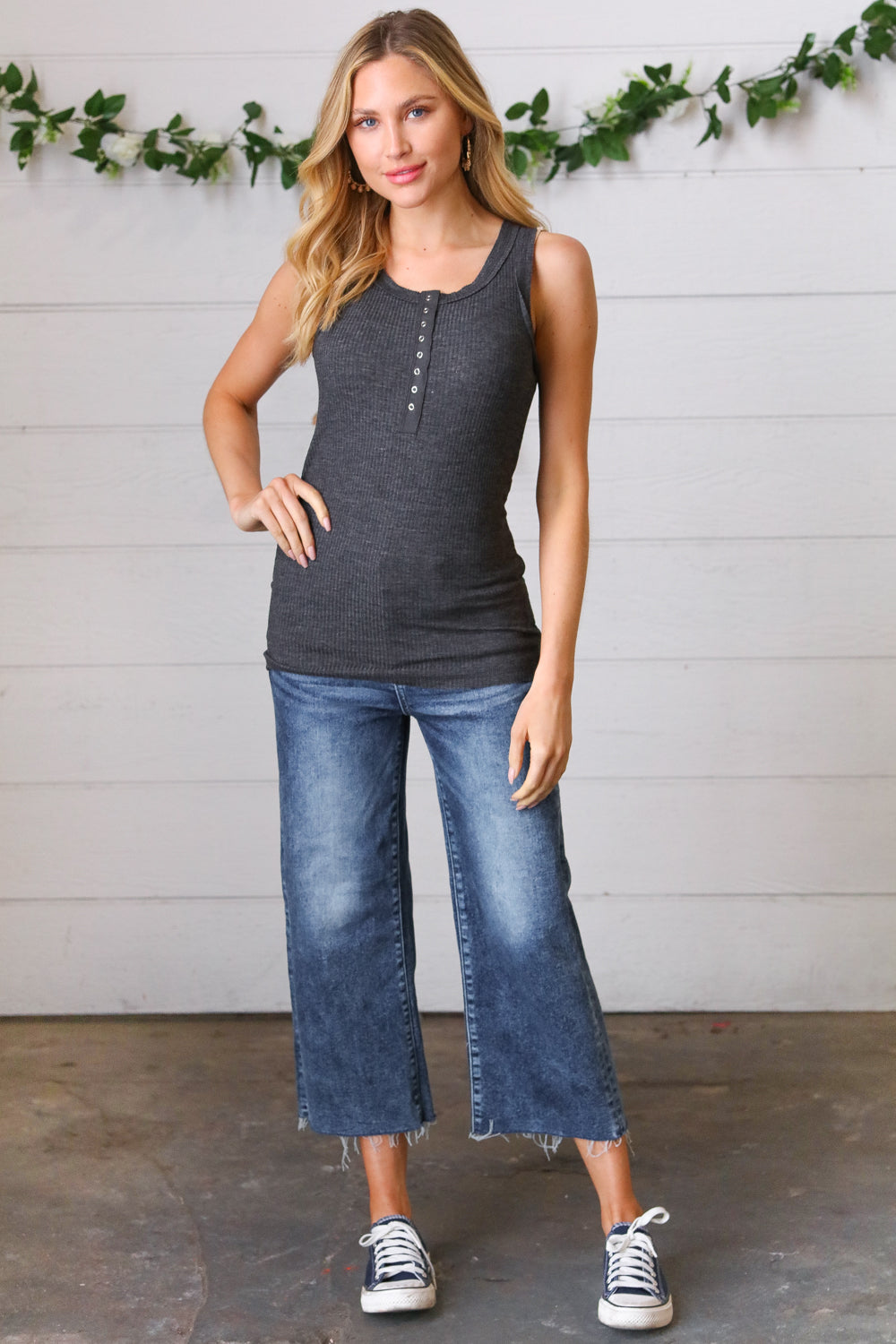 Charcoal Cotton Rib Henley Button Down Tank Top