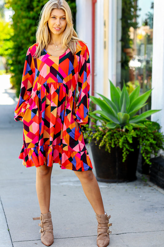 Living Out Loud Sepia & Magenta Geo Ruffle Dress