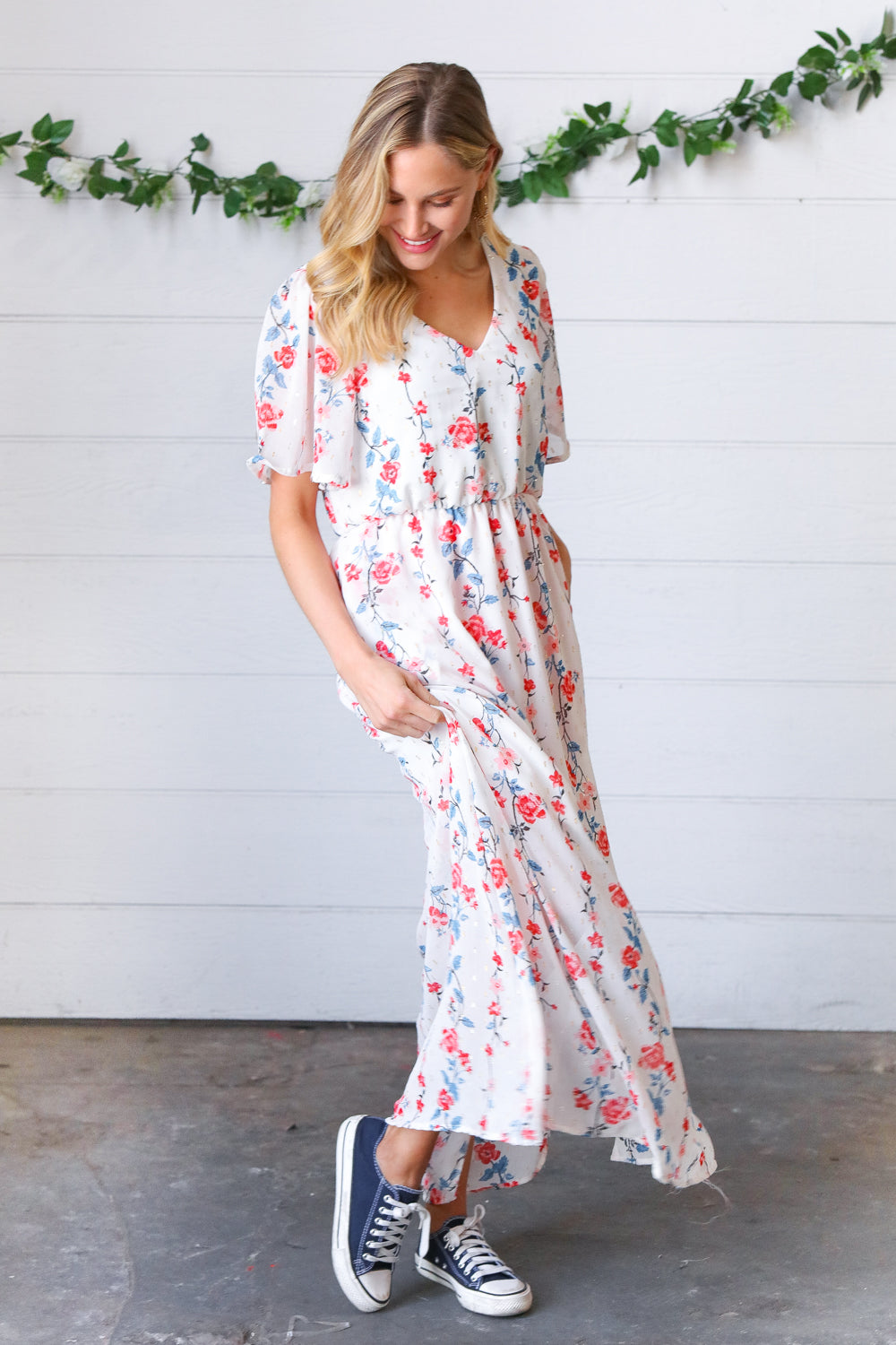 Red/Blue Floral Swiss Dot Chiffon Foil Maxi Dress