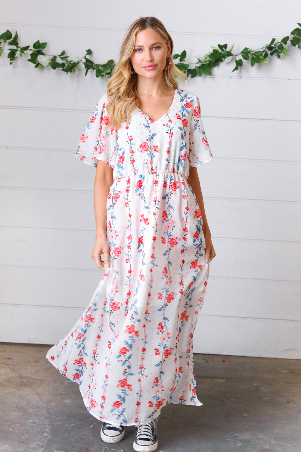 Red/Blue Floral Swiss Dot Chiffon Foil Maxi Dress