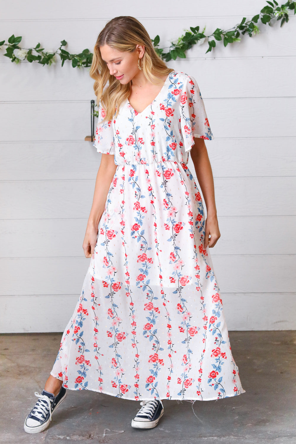 Red/Blue Floral Swiss Dot Chiffon Foil Maxi Dress