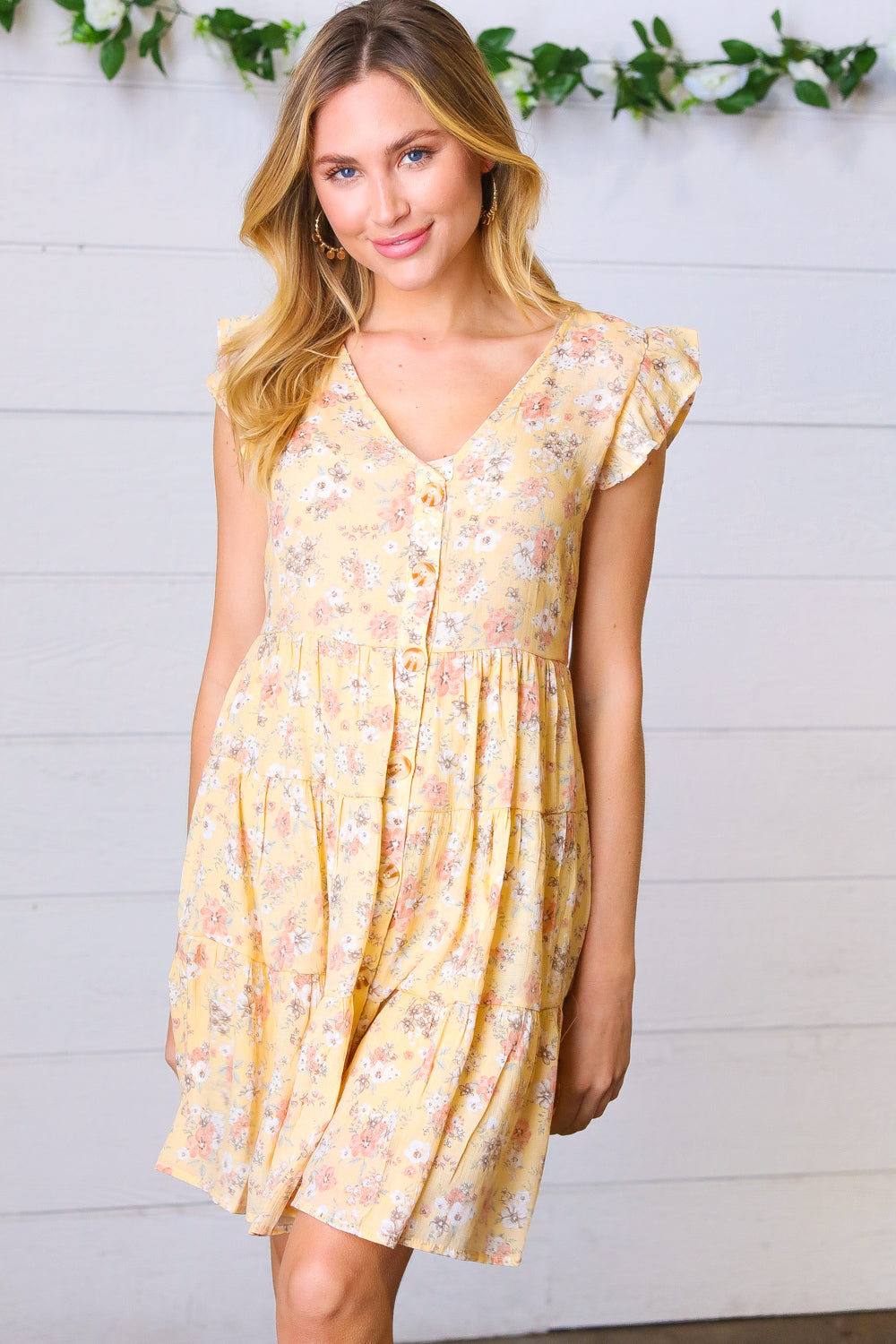 Yellow Floral Button Up Lined Dress