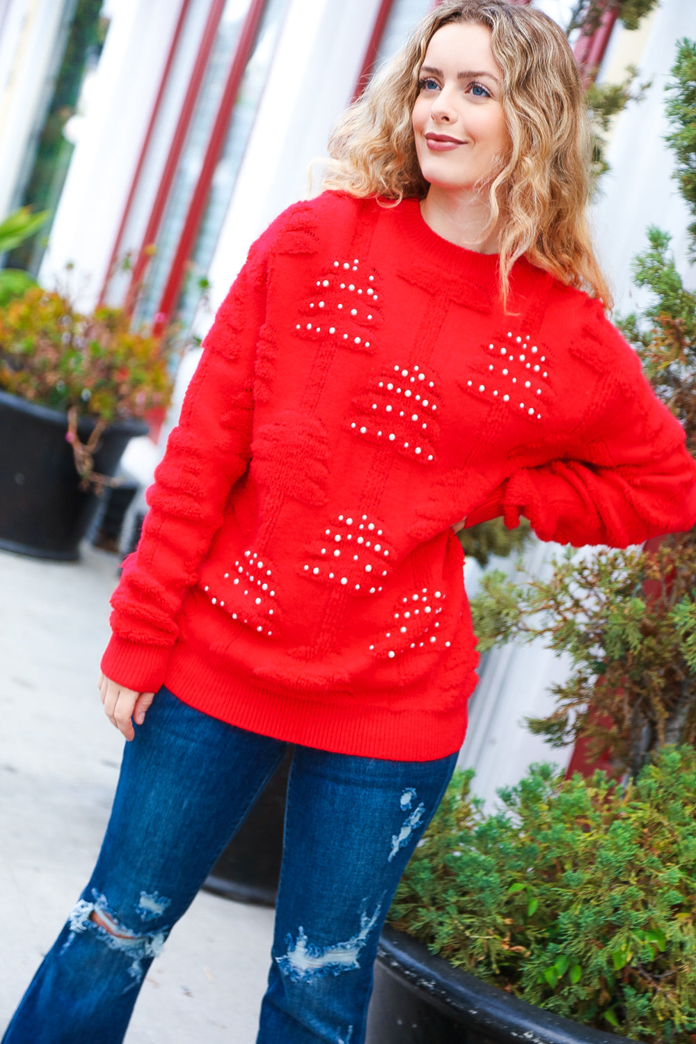 More The Merrier Red Pearl Christmas Tree Jacquard Sweater