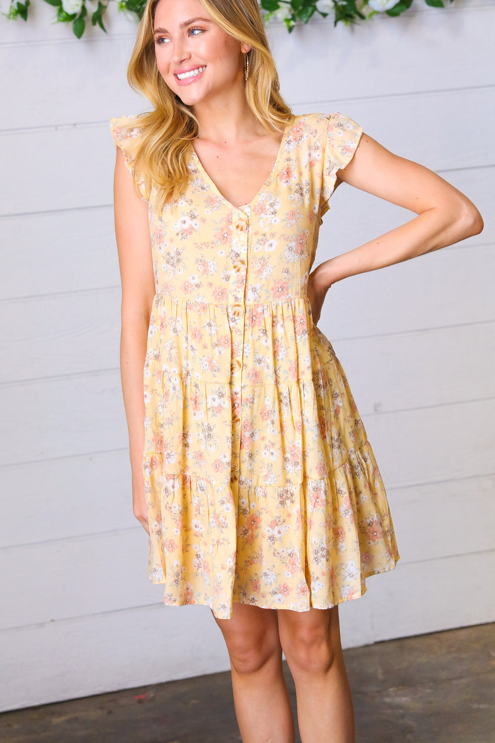 Yellow Floral Button Up Lined Dress