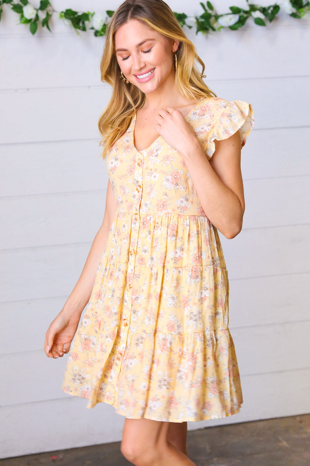 Yellow Floral Button Up Lined Dress