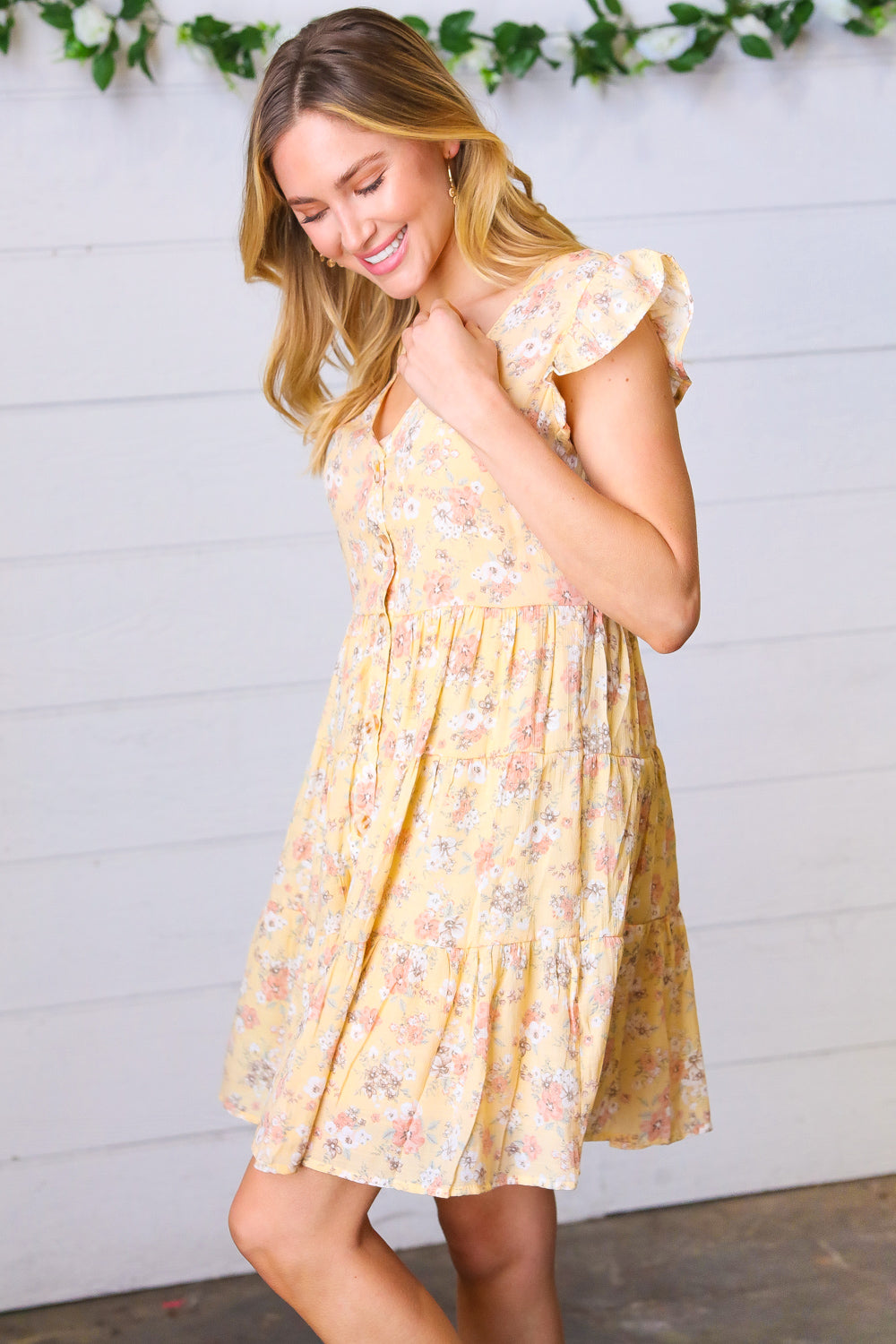 Yellow Floral Button Up Lined Dress