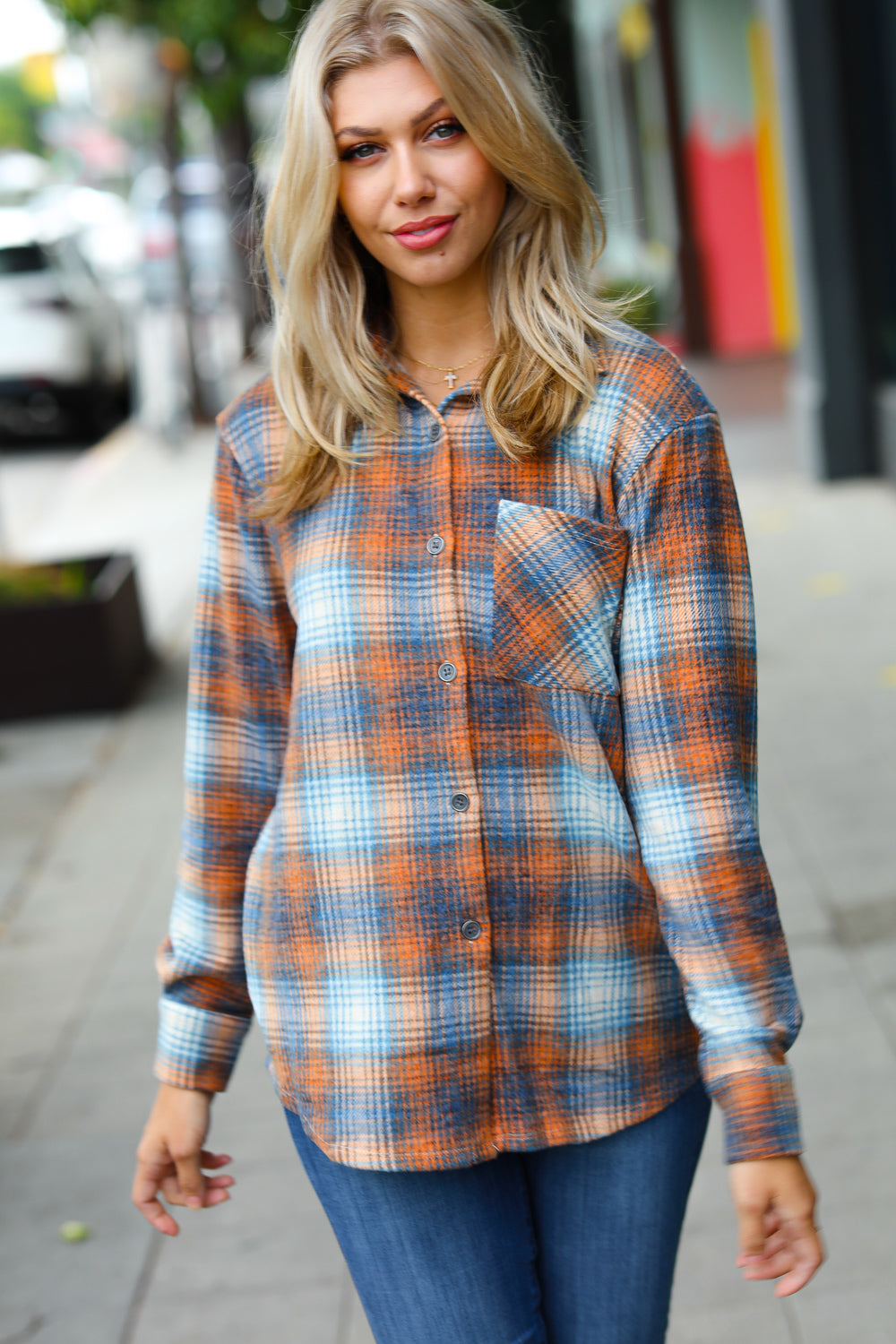 Weekend Ready Blue & Orange Jacquard Plaid Button Up